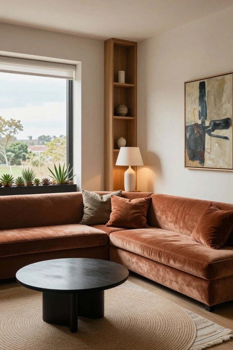 Modern living room corner with rust velvet L-shaped sofa, black round coffee table on beige rug, wooden shelving unit with lamp and ceramics, abstract painting on wall, and windowsill planter of succulents overlooking greenery.