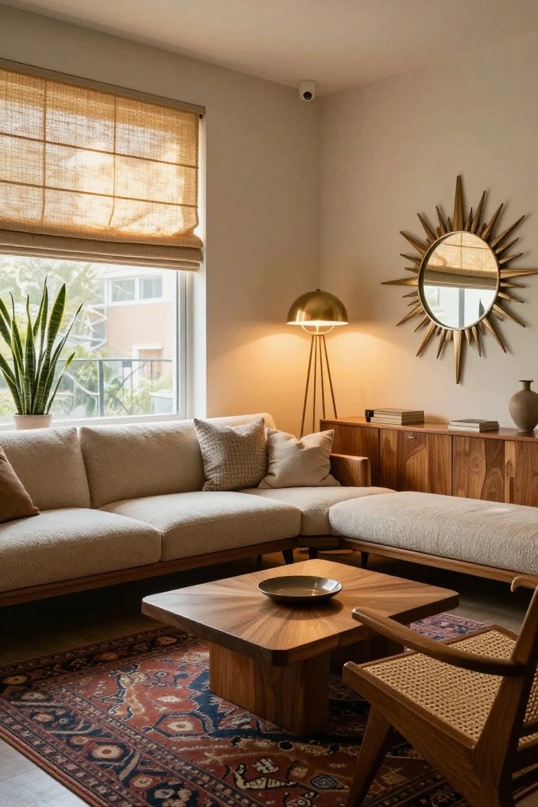 Modern apartment living room with cream bouclé L-shaped sofa against wooden cabinetry, wooden coffee table holding a bowl, rattan armchair, gold floor lamp and sunburst mirror, snake plant in white pot by window with bamboo blinds, and red Persian rug on floor.