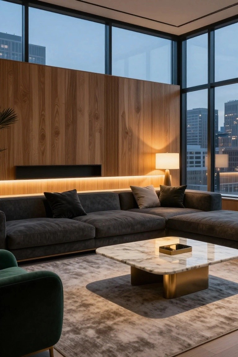 Modern apartment living room featuring a wood-paneled accent wall with vertical slats, recessed fireplace niche with LED lighting, gray L-shaped sectional sofa, marble-top coffee table on brass base, green armchair, two table lamps, and large windows overlooking city skyline at dusk.