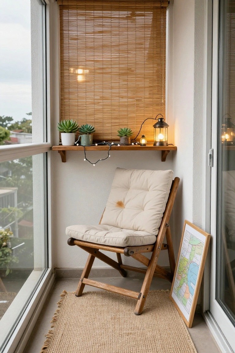 Small apartment balcony featuring bamboo blinds over a glass door and railing, wooden wall shelf with potted succulents, string lights, and lanterns, cushioned folding wooden chair, framed map on the wall, and fringed jute rug on the floor.
