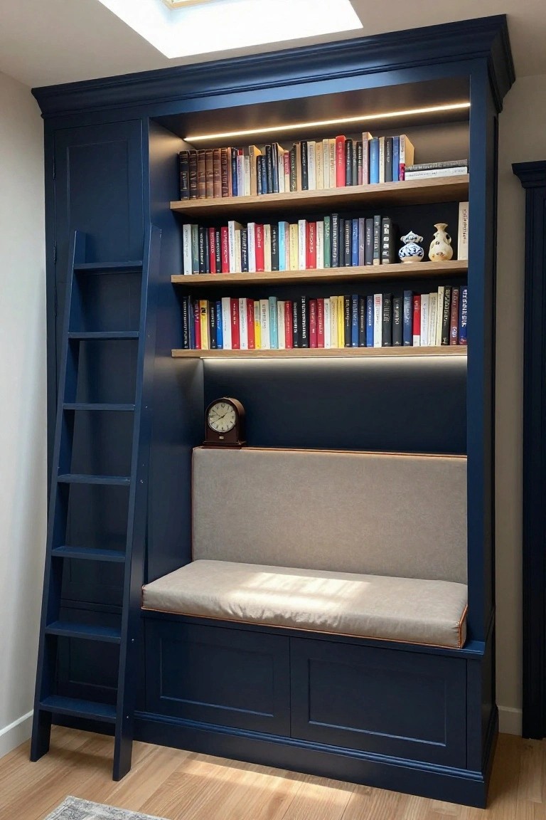Navy blue built-in bookshelf unit with sliding wooden ladder, oak shelves holding books, LED backlighting, wooden clock, beige cushioned bench seat, and skylight above.