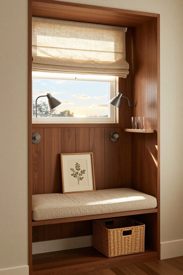 Wooden built-in window nook with cushioned bench seat, wicker storage basket below, two adjustable metal lamps flanking the window, glass shelf with tumblers, framed botanical print, and beige linen shade partially drawn over the glass.