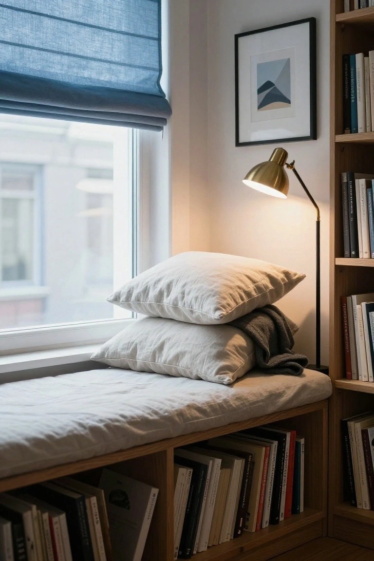 Wooden bookshelves with a white linen-upholstered window seat on top, stacked white pillows and gray blanket, brass adjustable lamp, blue linen window blinds, and framed abstract art on a white wall next to a large window.