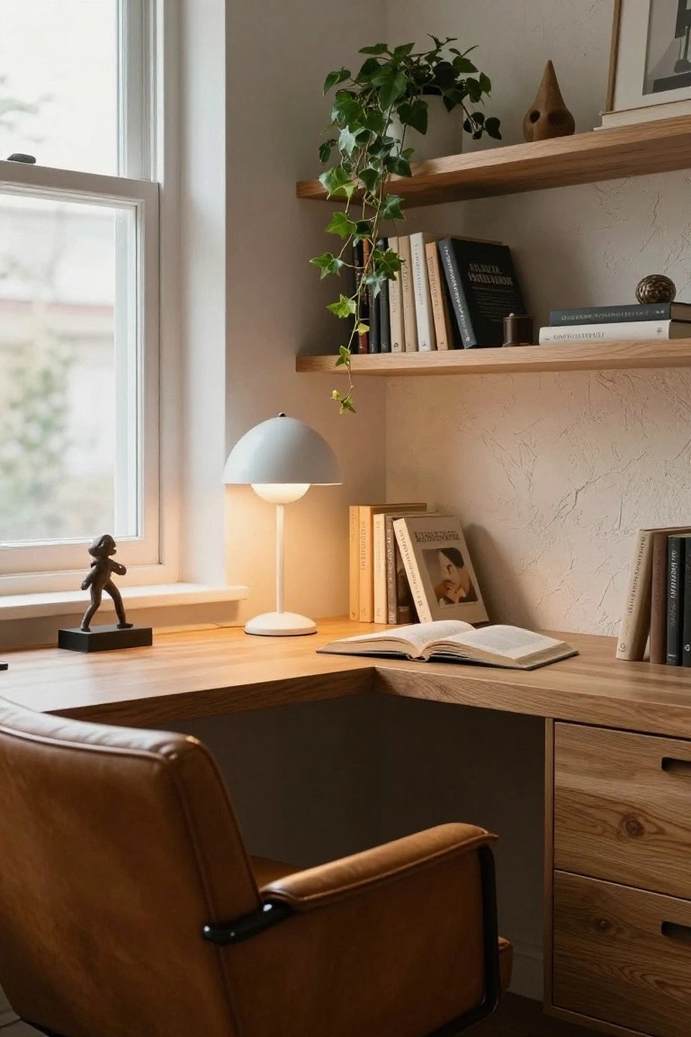 Wooden corner desk with open book and lamp in a light-filled room, surrounded by oak shelves with books, ivy plant, and small sculptures near a large window.