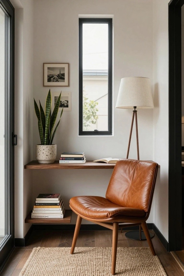 Corner reading nook with tan leather armchair under a floating wooden shelf holding stacked books and a potted snake plant, beside a narrow black-framed window and tripod floor lamp on light wood floors.