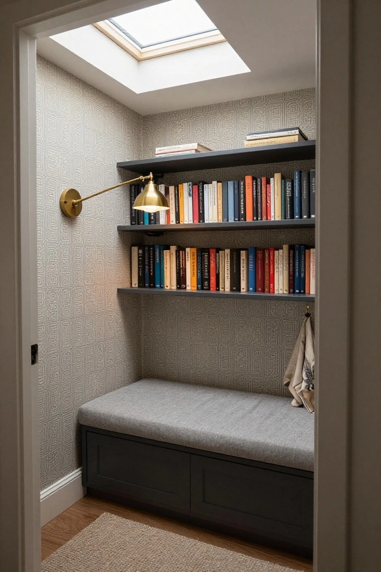 Small interior alcove with gray patterned wallpaper, black floating bookshelves holding colorful books, gold adjustable wall lamp, gray upholstered bench on black storage base, hanging fabric bag and shoes, skylight in ceiling, wood floor with beige rug, viewed from doorway.
