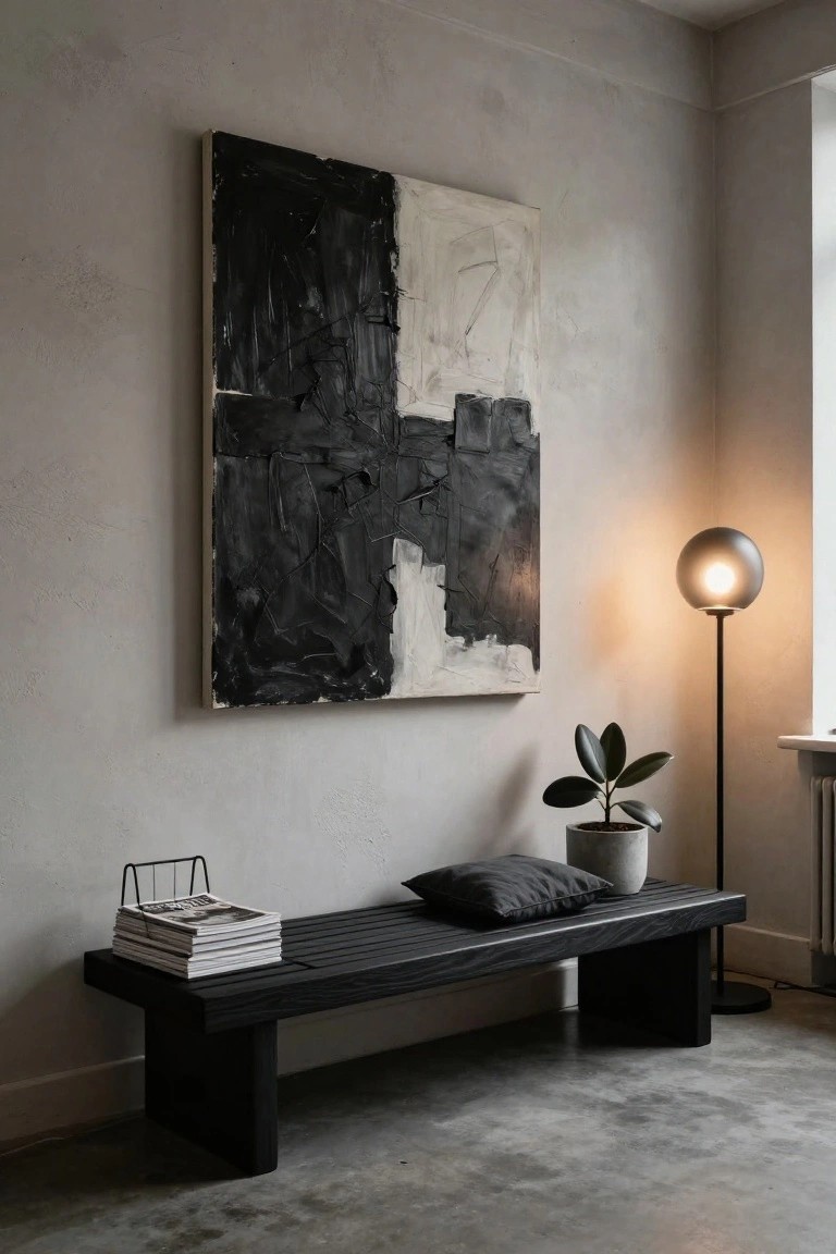 Corner of a room featuring a large abstract black and white painting on a light gray wall, a long black wooden bench with stacked magazines and a gray pillow, a potted rubber plant in a gray pot, and a gray floor lamp with a spherical shade.