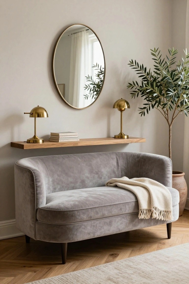 Curved gray velvet loveseat in room corner under floating wooden shelf with stacked books and two brass lamps, beside large round brass mirror and potted olive tree on herringbone wood floor.