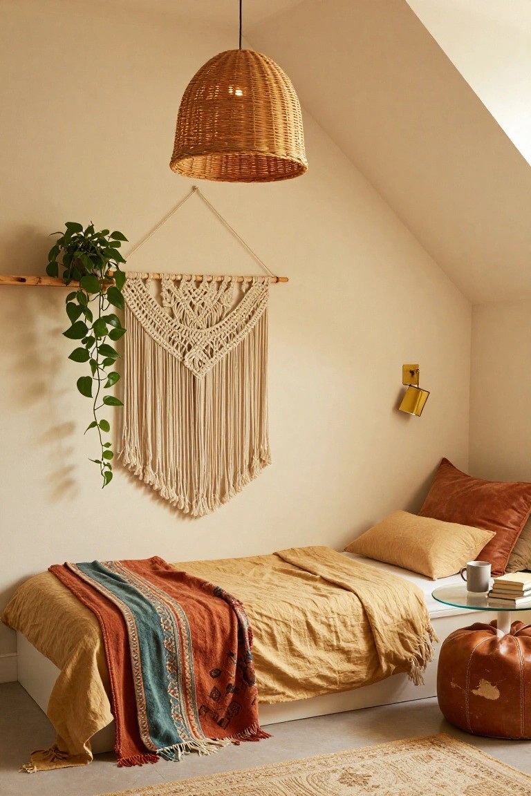 Small attic bedroom with sloped beige walls, rattan pendant lamp hanging from ceiling, wooden rod holding macrame wall hanging and trailing potted plant, low platform bed with beige linens multicolored throw and rust pillows, glass side table with books coffee mug, brown leather pouf, and beige rug on light floor.