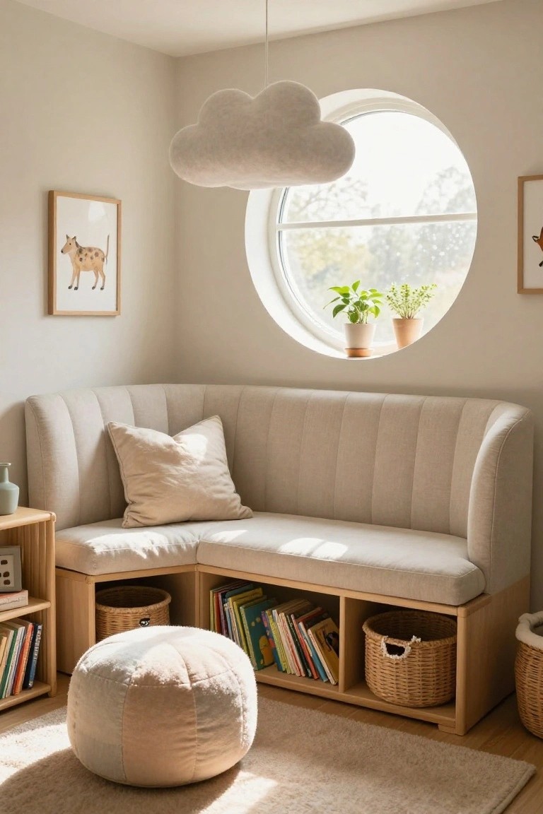Beige tufted corner bench with integrated lower bookshelves and storage cubbies holding books and baskets, positioned by a round window with potted plants, cloud-shaped pendant light overhead, and ottoman on beige rug in neutral room.