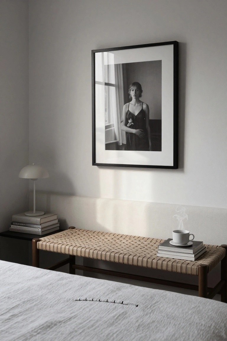 Bedroom corner with wooden rattan bench at foot of white bed, books and white mug with saucer on bench, white lamp and stacked books on black side table, large framed black-and-white photo of woman in black dress on wall.