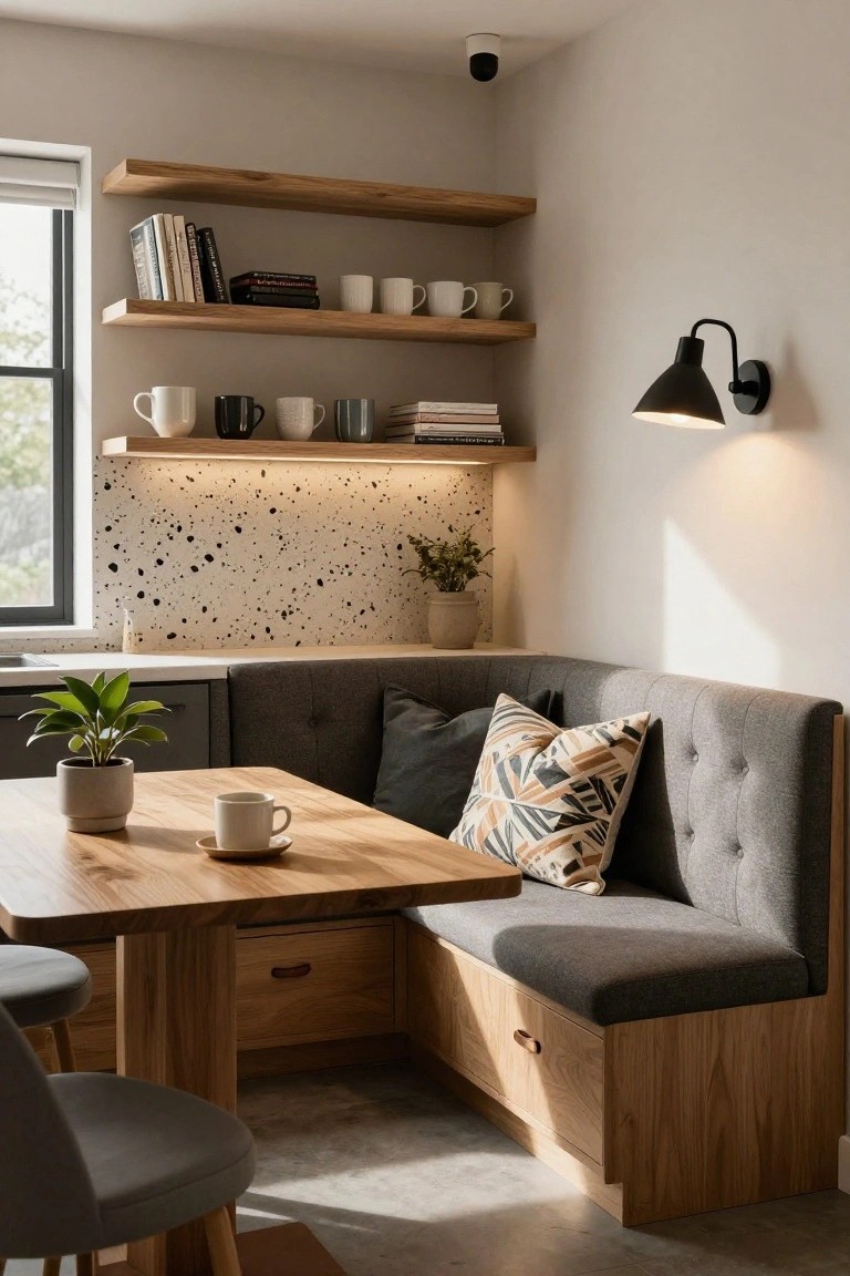 Kitchen corner with built-in gray tufted bench seating around a wooden table, wooden floating shelves holding books and white mugs above a white speckled backsplash, potted plants on counter and table, and two upholstered stools nearby.