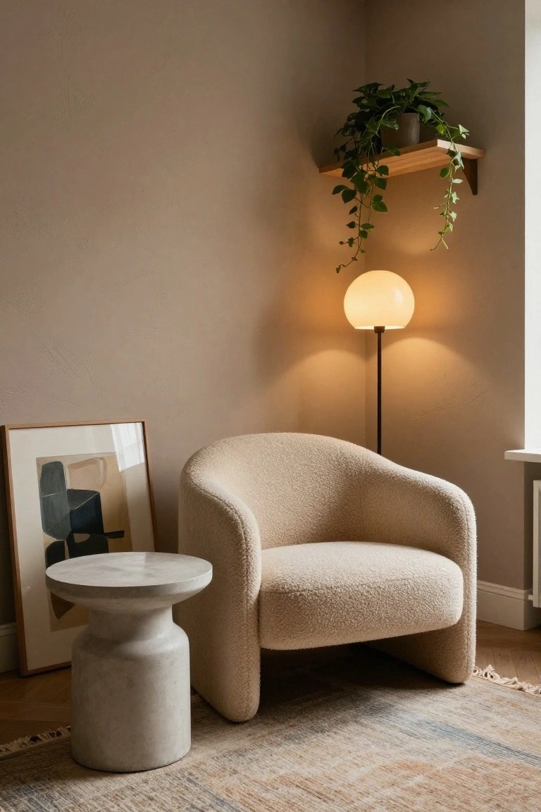 Beige curved sheepskin-upholstered armchair next to cylindrical white concrete side table in room corner with wooden shelf holding potted trailing plant, globe-shade floor lamp, framed abstract artwork on wall, and neutral patterned rug on wood floor.