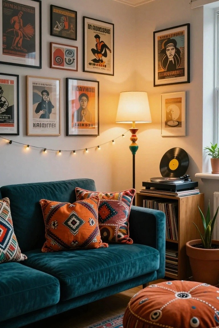 Cozy apartment living room corner with teal velvet sofa piled with orange and patterned pillows, gallery wall of colorful vintage posters, wooden record player cabinet with vinyl records, potted plants, string lights, and striped lamp.