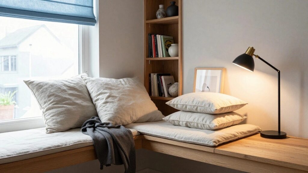 25 Modern Apartment Reading Nook Ideas for Everyday Living Wooden bookshelves with a white linen-upholstered window seat on top, stacked white pillows and gray blanket, brass adjustable lamp, blue linen window blinds, and framed abstract art on a white wall next to a large window.