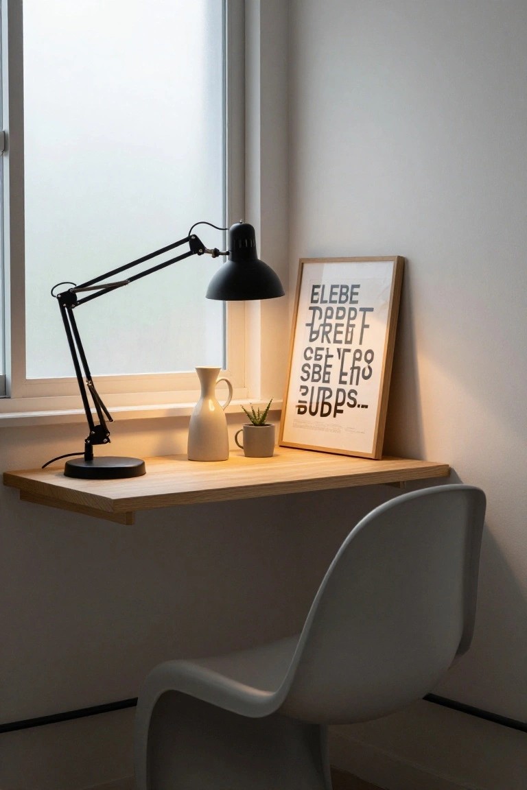 Wall-mounted wooden desk shelf holding a black adjustable lamp, white vase, small potted plant, and leaning framed poster next to a white curved chair in a white room with frosted glass window.