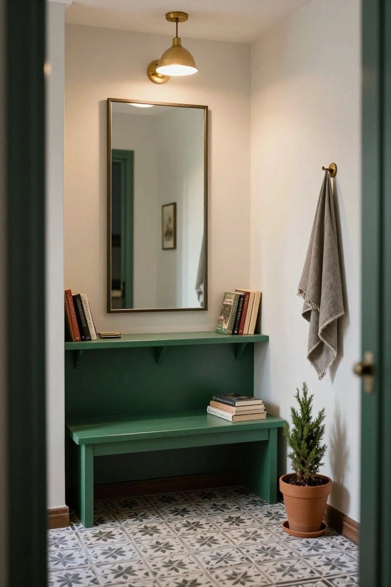 Small interior corner with green-painted wooden bench and matching shelves holding books, a potted small fir tree next to the bench, gray towel on brass hook, tall mirror, and black-and-white checkered tile floor.