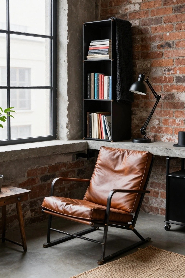 Tan leather armchair in a corner of an industrial room with exposed brick walls, black metal bookshelves filled with books, wooden side table, metal desk on wheels, desk lamp, and large metal-framed windows.