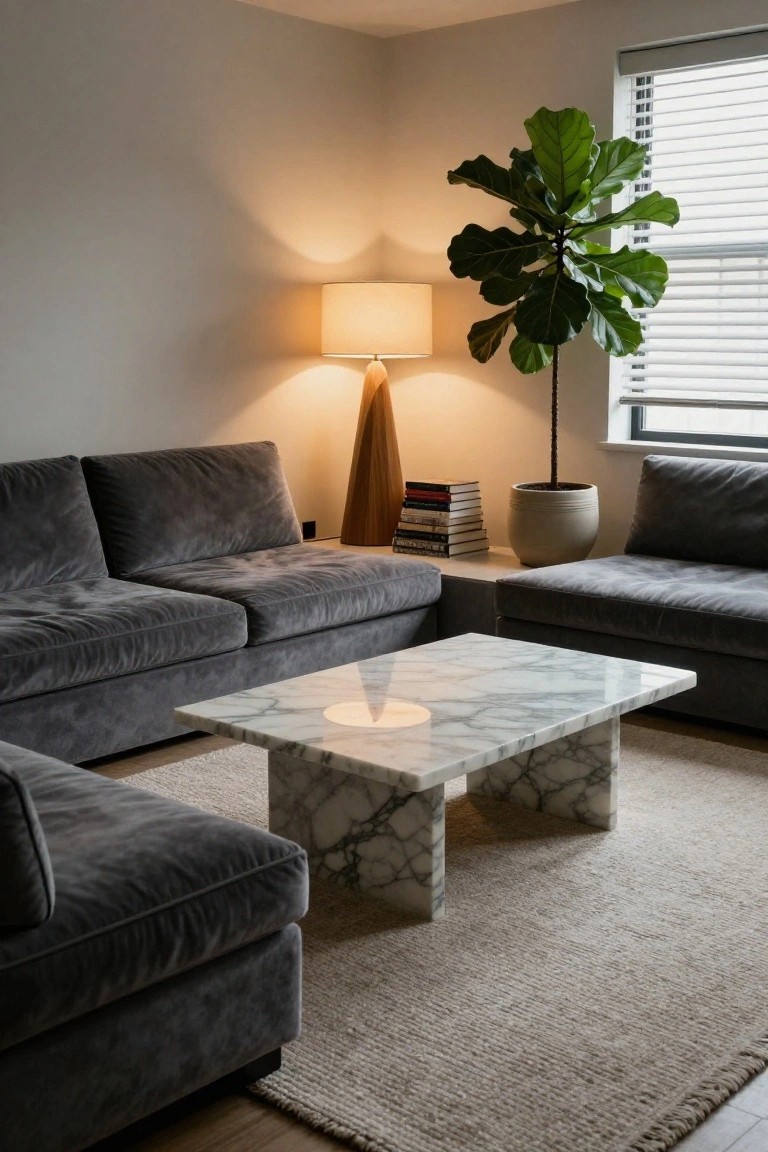 Modern living room corner with L-shaped gray velvet sofas around a white veined marble coffee table, wooden floor lamp, stacked books, large potted ficus plant, and beige rug on wood floor.