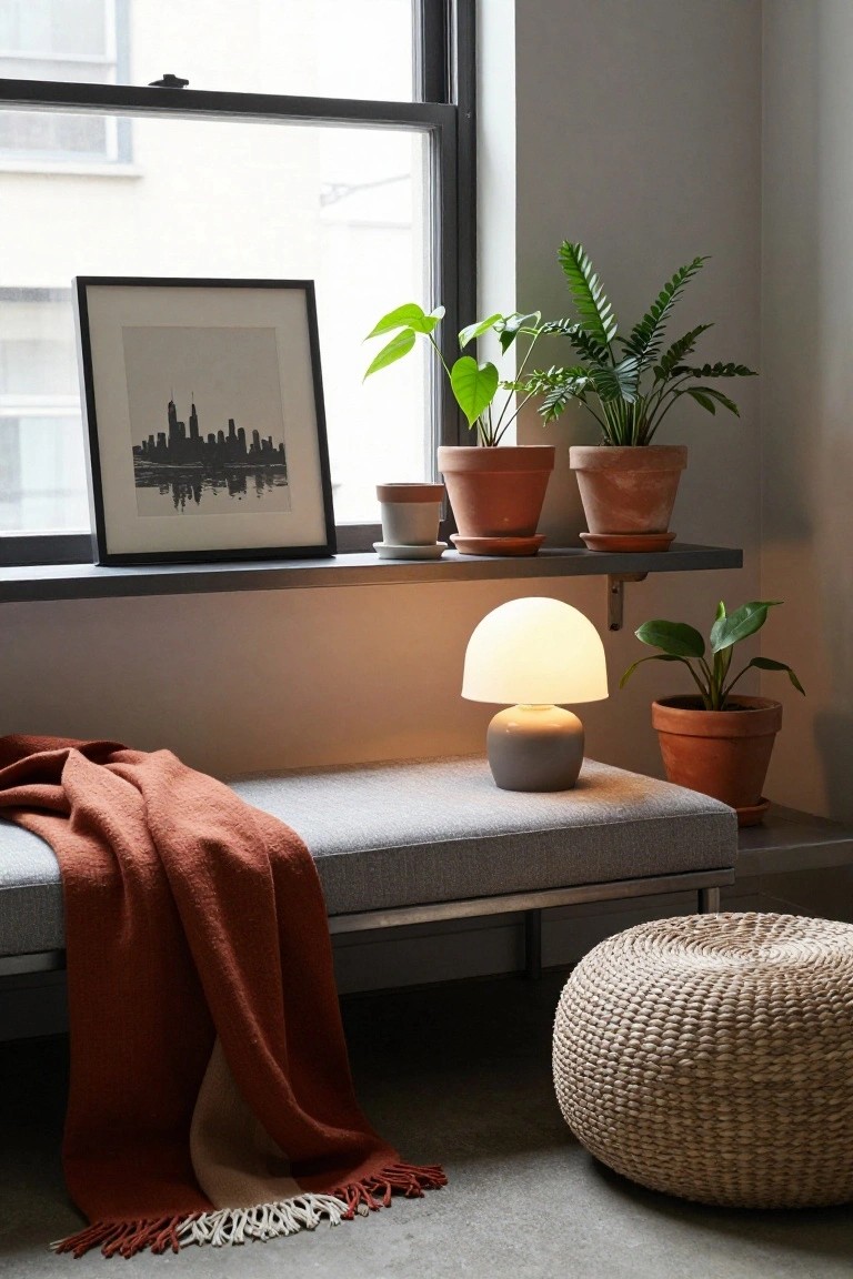 Modern apartment reading nook with gray bench under window draped in orange and beige throw blanket, potted plants on shelves, white mushroom lamp, and woven pouf on concrete floor.