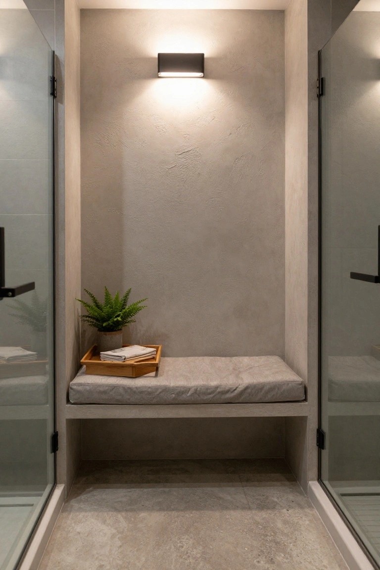 A minimalist shower enclosure with textured gray walls, a built-in cushioned bench holding a wooden tray with folded white cloths and a potted fern plant, lit by a wall-mounted light between glass panels.