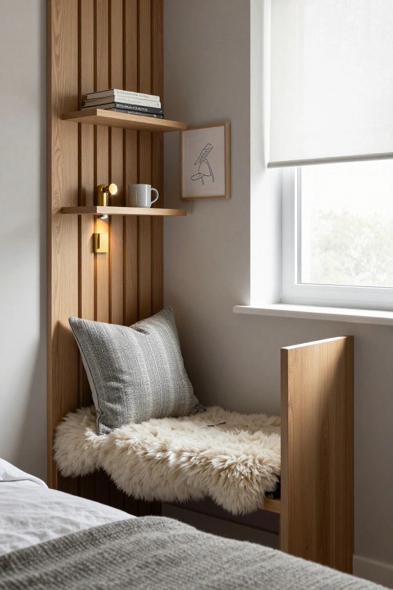 Vertical oak slats cover a bedroom wall next to a window with white blinds, featuring floating shelves with books, a white mug, and lit gold lamp above a wooden bench with white sheepskin rug and gray pillow, adjacent to a bed.