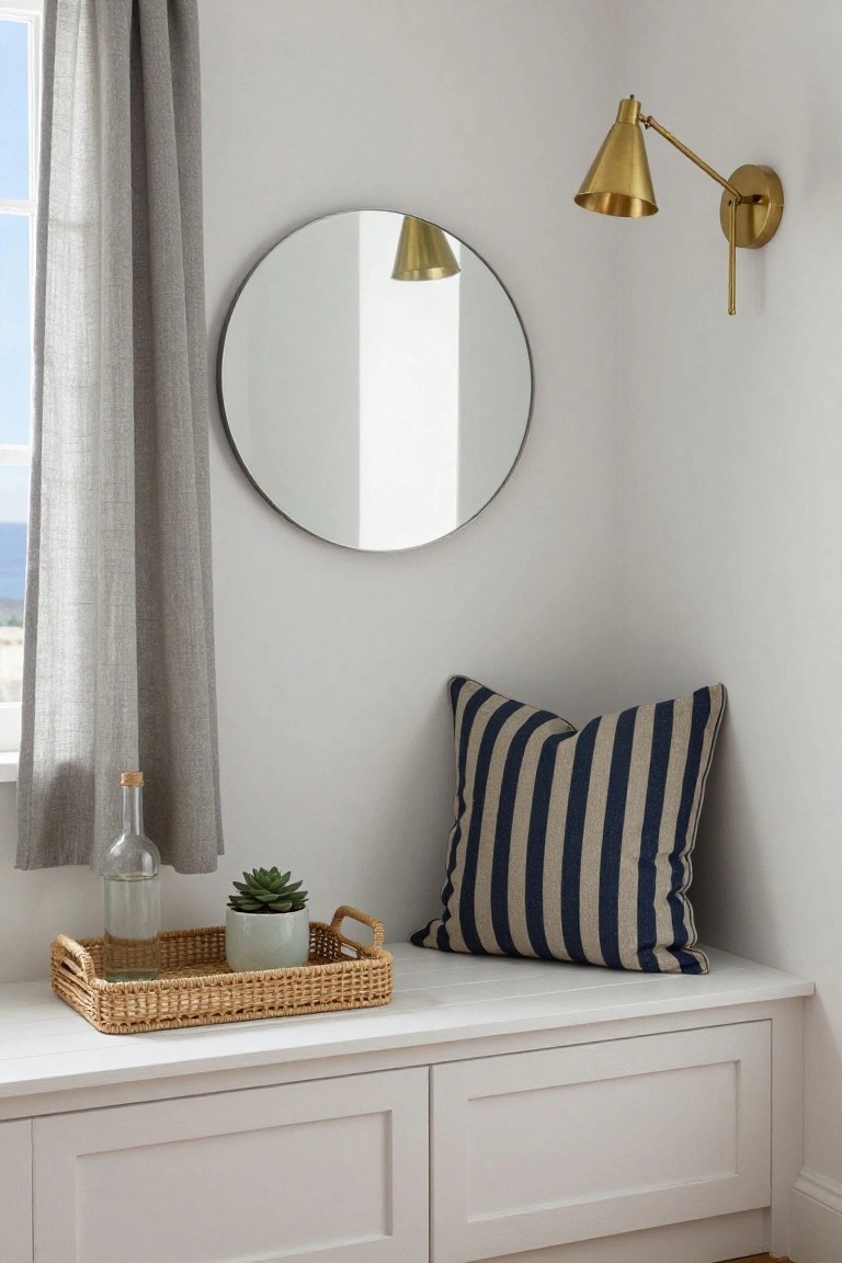 White built-in window bench in a light corner room with linen curtain, round wall mirror, gold adjustable wall lamp, navy striped pillow, and rattan tray holding glass bottle and potted succulent.