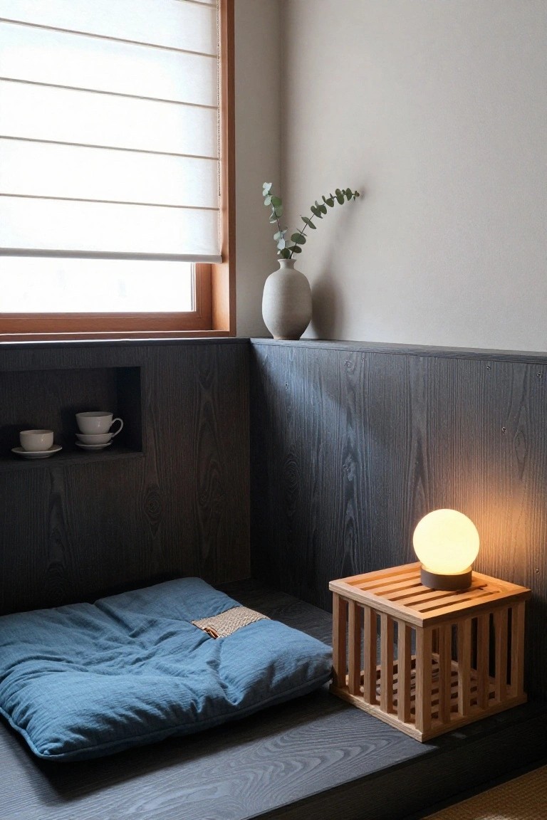 Minimalist indoor corner with dark wood paneling, a blue futon on a low wooden platform, wooden crate table holding a white globe lamp, niche shelf with white teacups, eucalyptus in vase, and window with white blinds.
