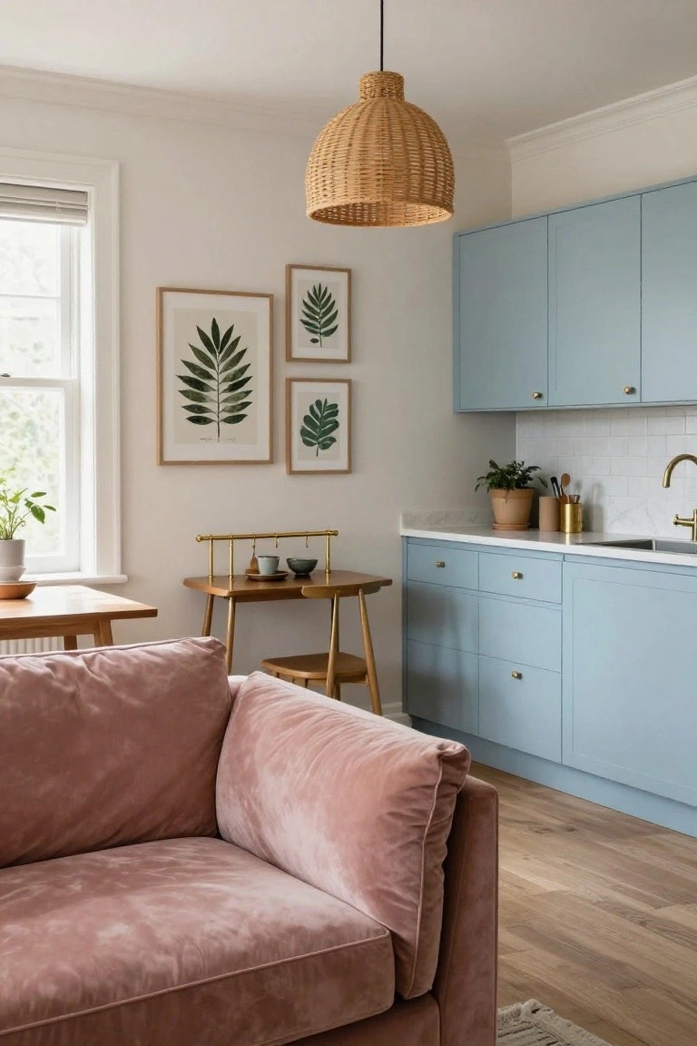 Studio apartment interior showing light blue kitchen cabinets, blush pink velvet sofa, wooden cart and stools, plants, leaf artwork, and rattan pendant light over a white countertop with gold faucet.