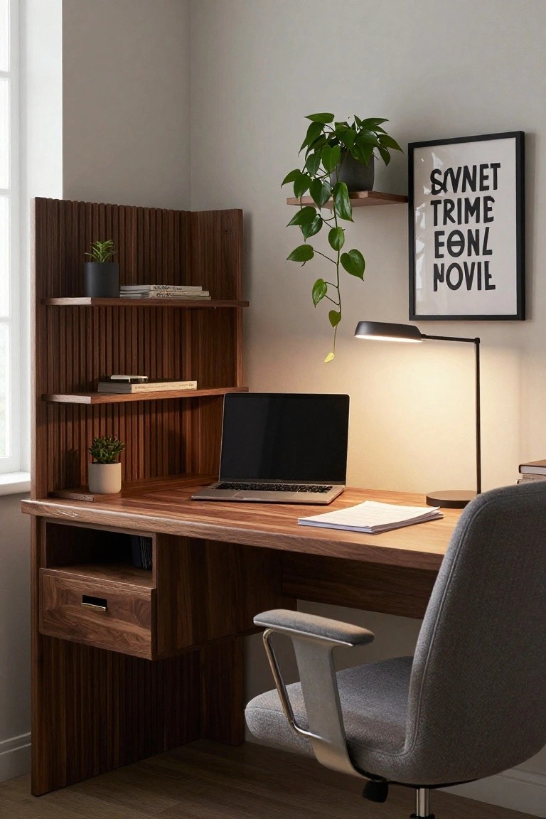 Wooden corner desk with slatted shelving panels, laptop, desk lamp, potted plants, books, and gray office chair in a bright room with a wall sign.