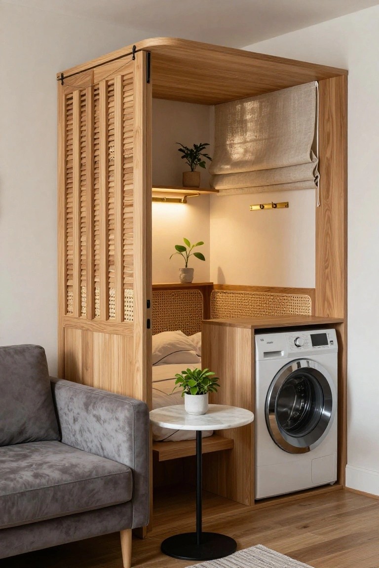 Tall wooden cabinet with louvered oak doors open to show a white front-loading washer, cushioned bench seat, plants, and shelves next to a gray armchair in a modern room.