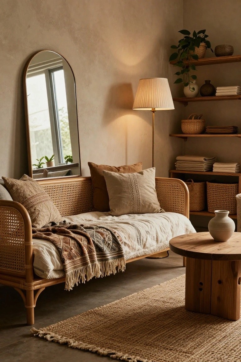 Indoor corner with a rattan daybed covered in white sheets and multicolored woven throws, flanked by beige pillows, next to wooden shelves holding plants, baskets, and ceramics, an arched gold mirror, a floor lamp, and a round wooden coffee table on a seagrass rug.