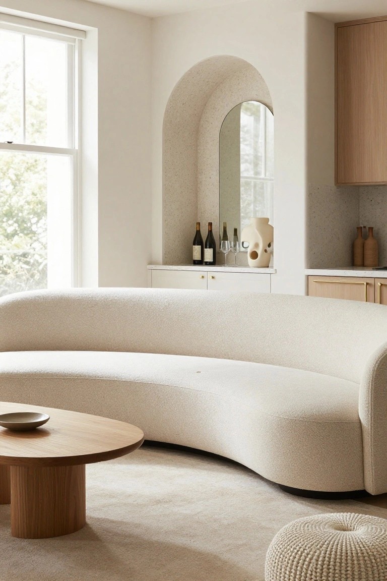 Modern living room with a large curved white bouclé sofa facing a round wooden coffee table, knit pouf, arched niche mirror with wine bottles, and neutral kitchen cabinets.