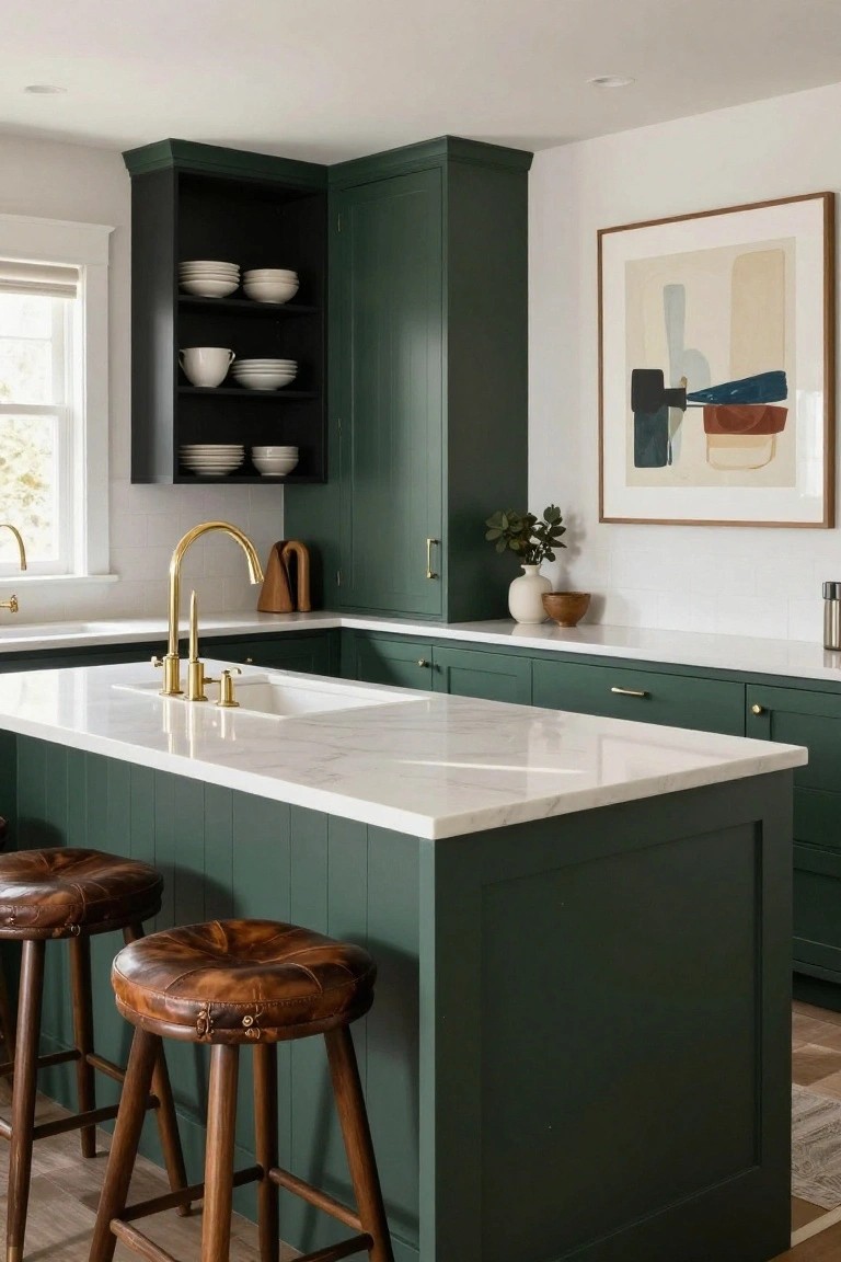 Kitchen interior with deep green lower cabinets, white marble countertops and island, gold faucet in the sink, brown leather bar stools, and white plates on open shelves.
