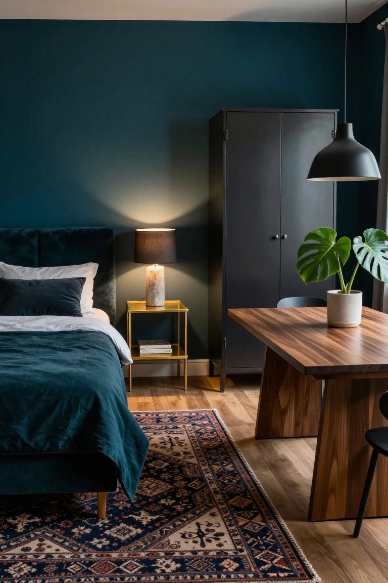 Modern bedroom interior featuring deep teal walls, a teal velvet upholstered bed with white and teal bedding, gold side table with lamp and books, wooden desk with chair and monstera plant in white pot, black wardrobe, black pendant light, and patterned rug on light wood floor.