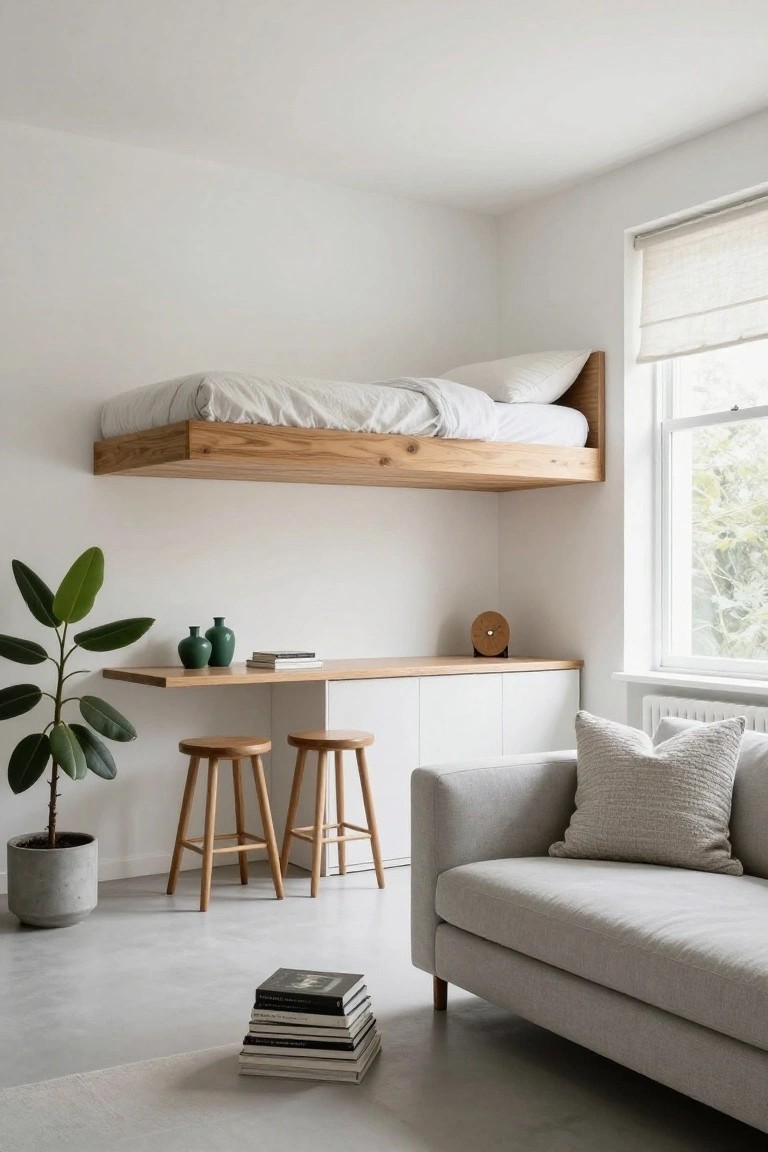 Modern studio apartment corner with wooden elevated bed platform on white wall above built-in oak desk and cabinets, wooden stools, potted plant, green vases, clock, gray sofa, and stack of books on concrete floor.