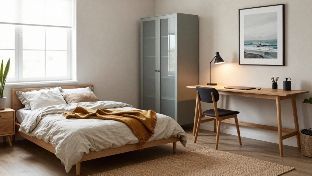 25 Modern Studio Apartment Design Ideas for a Clean Cozy Look Bedroom interior with tall black double-door wardrobe in corner, wooden platform bed with white sheets and tan throw, wooden desk and chair, desk lamp, snake plant in gray pot by window, neutral walls and wood floor.