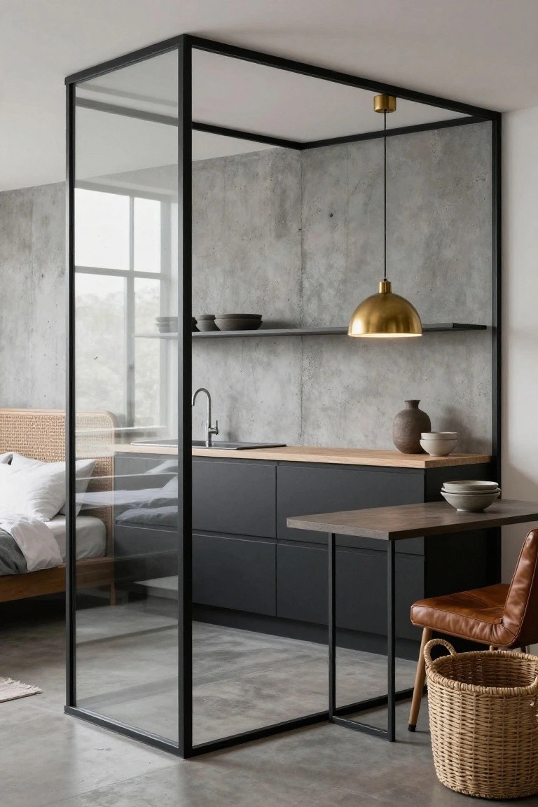 Modern studio apartment with glass-enclosed kitchen featuring black metal frames, concrete walls, wooden countertop, sink, lower cabinets, small dining table with leather chair, adjacent rattan bed, and pendant light.