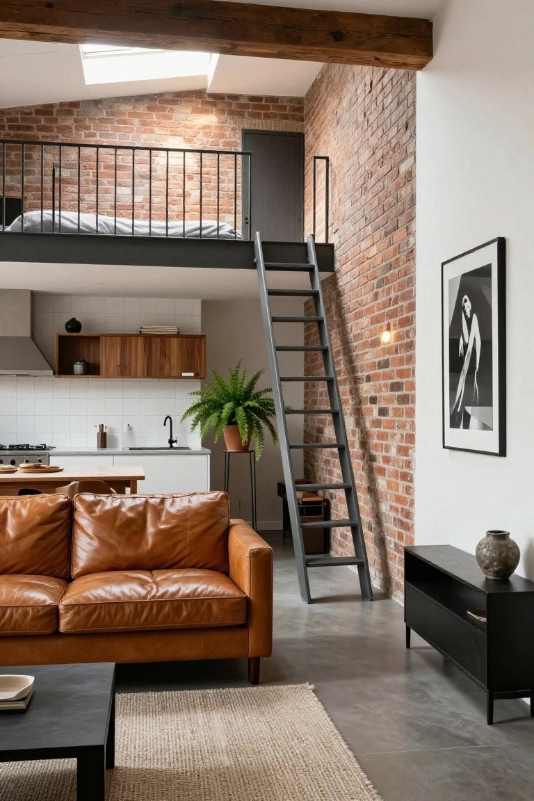 Modern studio apartment interior with exposed brick walls, a raised loft bed accessed by a black metal ladder, white kitchen cabinets, wooden stools, brown leather sofa, and black coffee table on polished concrete floor.