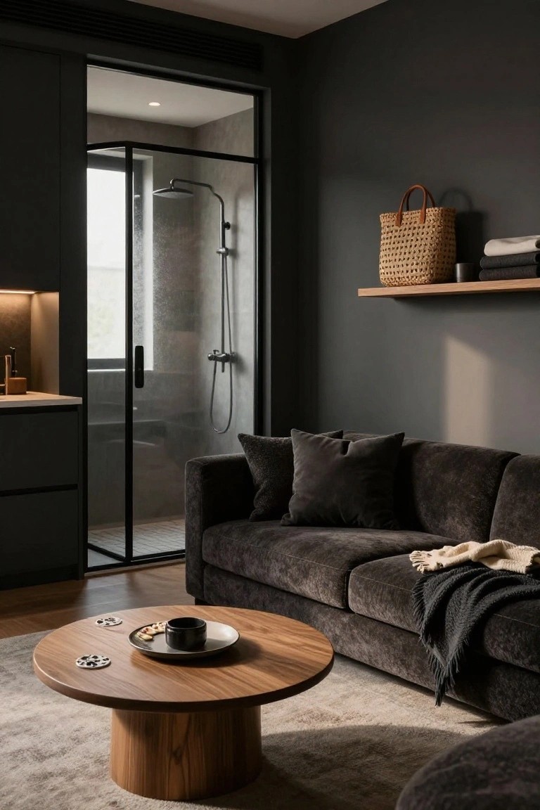 Modern studio apartment living area with dark gray walls, charcoal velvet sofa on beige rug, round wooden coffee table holding a plate and cup, and adjacent open glass shower enclosure with rainfall showerhead.