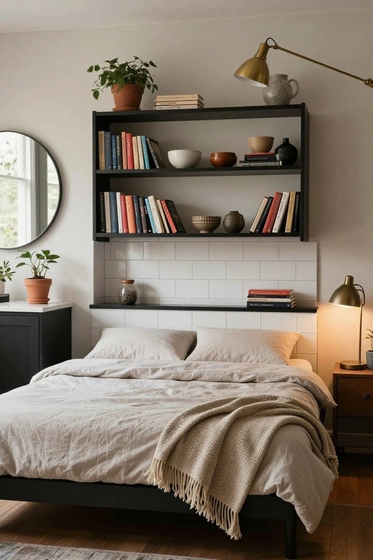 A bedroom with black open shelving above a low bed dressed in white linens and a beige throw, displaying assorted books, ceramic pots, and plants on the shelves, with white subway tile behind and warm lamp lighting on bedside tables.
