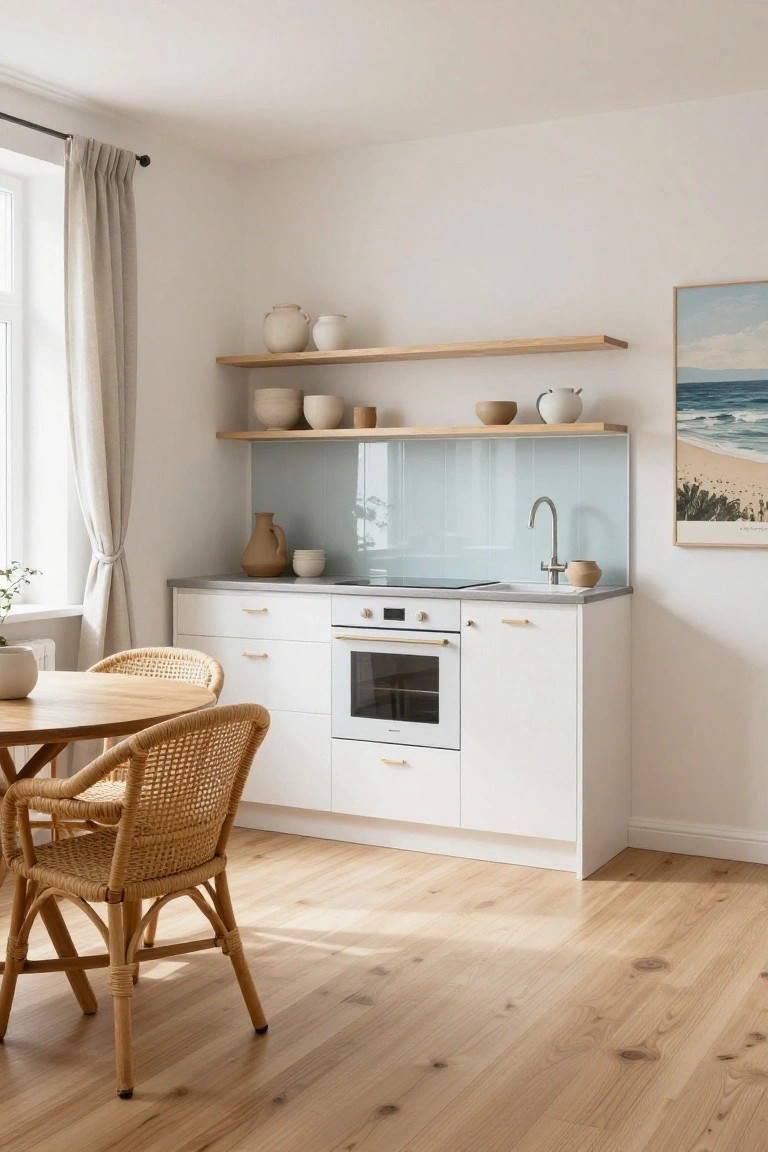 A compact white kitchen with light oak open shelves displaying terracotta and white ceramic pots and vases above a blue glass splashback, stainless steel sink, and induction cooktop, beside a round wooden table with two rattan chairs on light oak flooring.