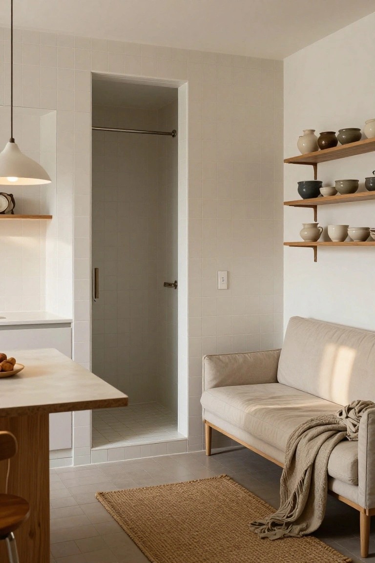 Compact studio apartment interior featuring white-tiled open shower, wooden table with chairs, beige sofa with throw blanket, and wooden shelves displaying various ceramic pots and bowls against white walls.