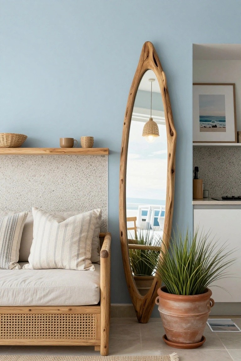 Light blue studio apartment corner with tall wooden surfboard-shaped mirror, rattan sofa with striped pillows, wooden shelves holding baskets and mug, tall potted grass plant in terracotta pot, and open kitchen in background.