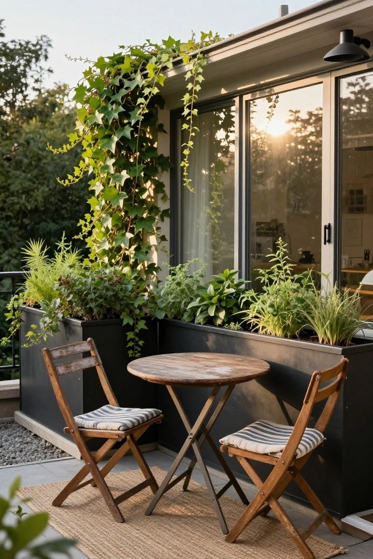 Balcony with tall black rectangular planters along the edge filled with green plants and ivy climbing the wall, a small round wooden table, and two wooden folding chairs with striped cushions on a seagrass rug next to glass sliding doors.