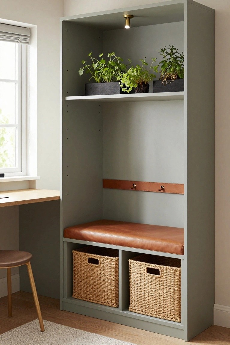 Tall gray open shelving unit with potted plants on upper shelves, central brown leather bench seat flanked by leather-wrapped hooks, and two wicker baskets in lower cubbies, next to a wooden desk and stool beside a window in a light room.