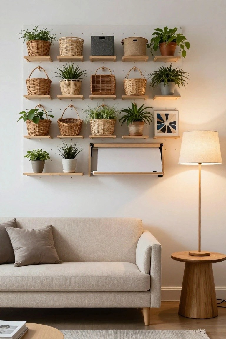 White wall with multiple wooden shelves holding wicker baskets filled with houseplants, a drop-leaf shelf, framed art, floor lamp, beige sofa, and side table in a living room.