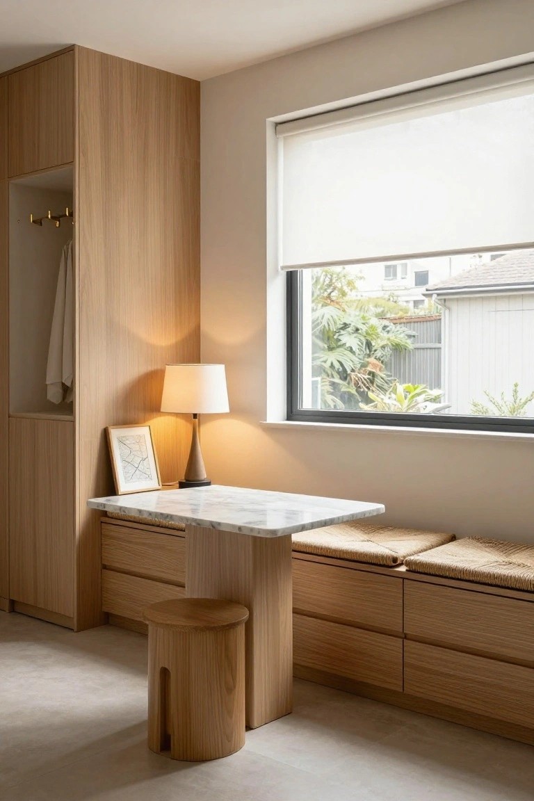 Modern interior nook with oak wood built-in wardrobes, marble-top desk, wooden stool, rattan benches with cushions, table lamp, and window with white roller shade overlooking tropical plants and houses.