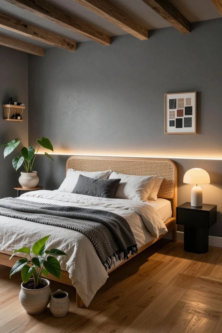 A bedroom with gray walls, exposed wood beams on the ceiling, a rattan headboard with white LED backlighting, white and gray bedding, potted plants, a bedside lamp on a black nightstand, and light wood floors.
