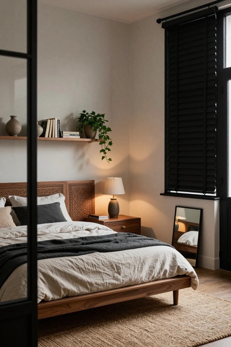 Bedroom with wooden platform bed and carved headboard, neutral linens and gray throw, black blinds covering large window, wooden shelves holding plants and books, bedside lamp on wood nightstand, and seagrass rug on floor.
